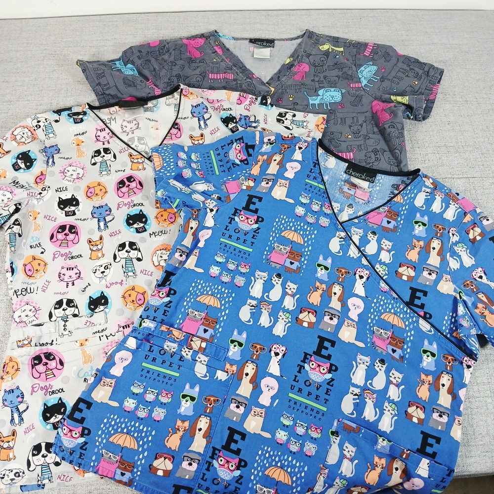 Cherokee Whimsical Tooniforms M‎ Vet Tech Scrub Tops Bundle Kawaii Nurse Core - Picture 9 of 16